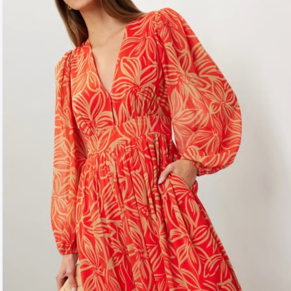 Elegant Floral Long Sleeve Dress in Red and Orange